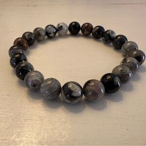 Black Silver Leaf Jasper Stone Beaded Bracelet